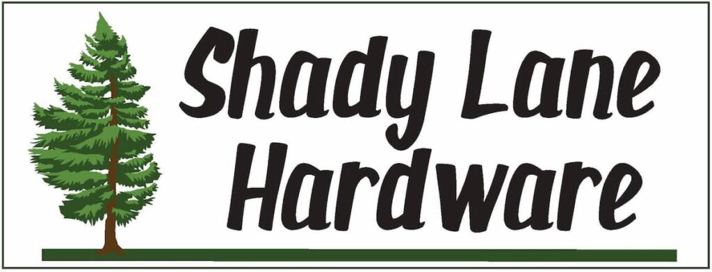 Shady Lane Hardware logo featuring a green pine tree beside the store name in dark hand-lettered script.