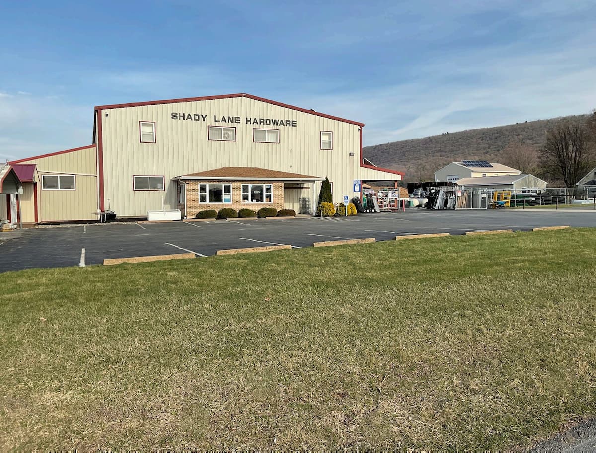 Exterior of the Shady Lane Hardware store, a family-run building-supply business in central Pennsylvania.