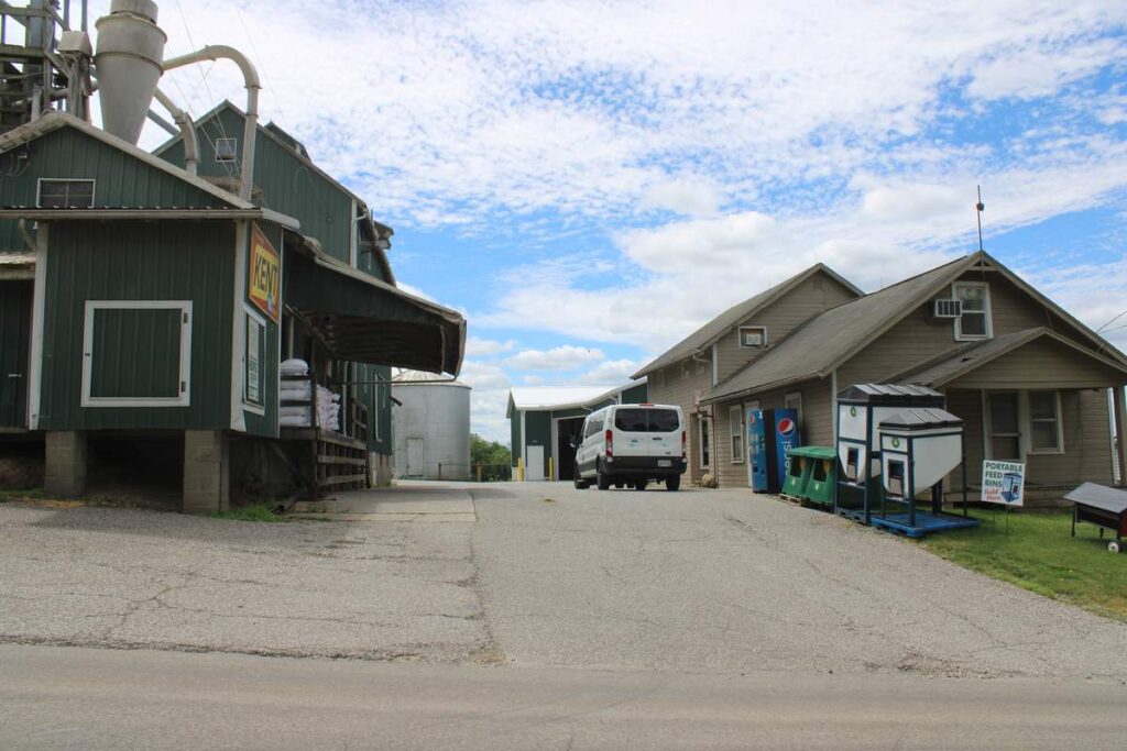 The green wooden Maysville Elevator building and adjacent farm store face each other across a gravel drive under a blue sky.